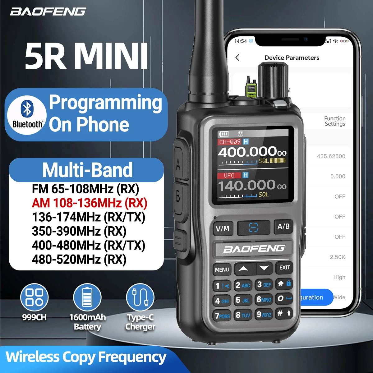 Baofeng UV-5R Mini Walkie Talkie Bluetooth programación frecuencia de copia inalámbrica banda completa 999CH AM FM tipo C Radioaficionado de largo alcance