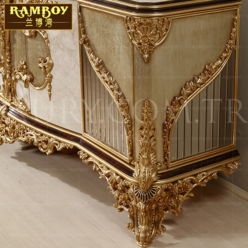 Kabinet samping meja ukir kayu padat dicat Perancis kabinet foil emas kabinet penyimpanan samping restoran Eropa solid w