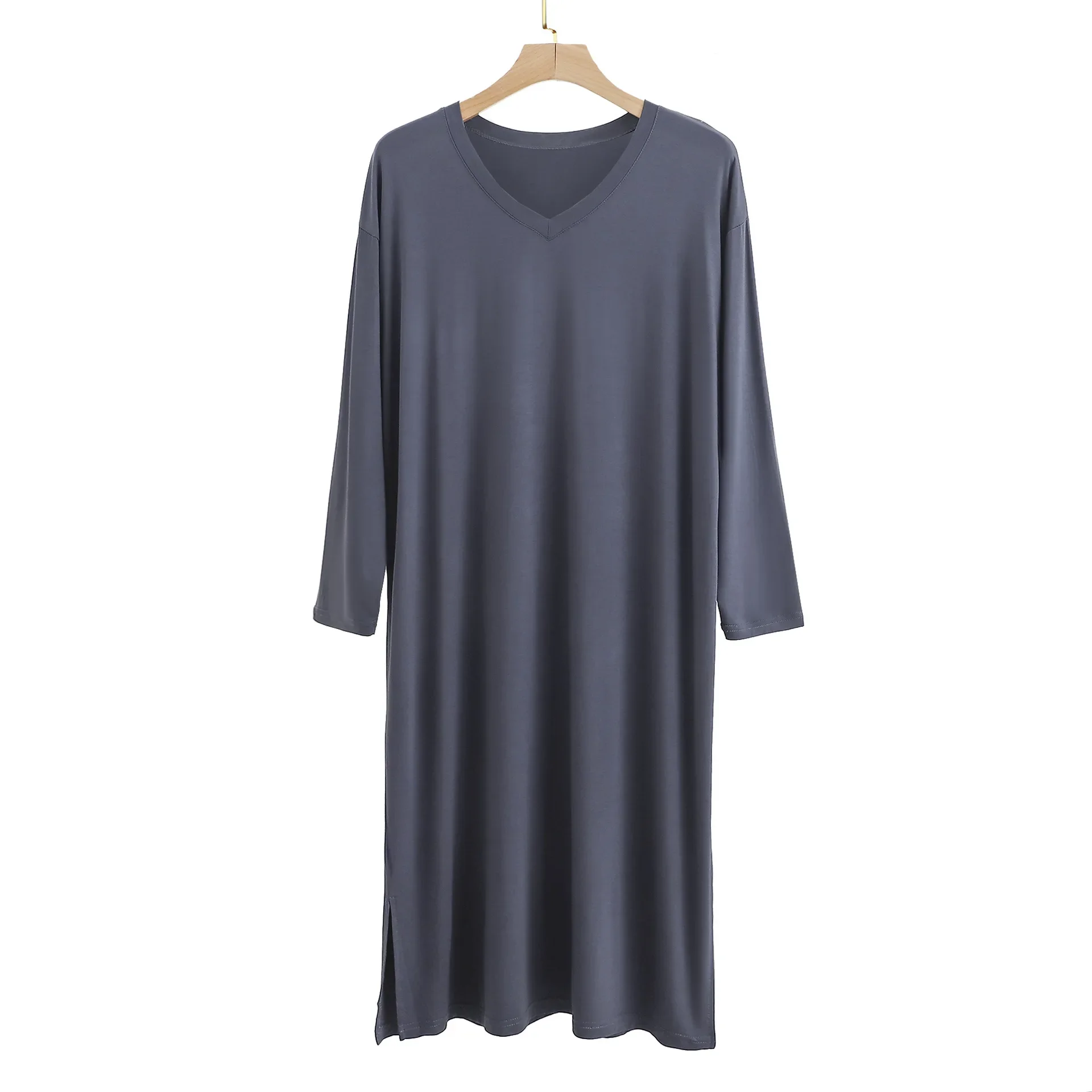 Pijamas masculinos modais vestidos de dormir estilo longo acima do joelho com decote em v mangas compridas roupão de banho masculino vestido de pijama