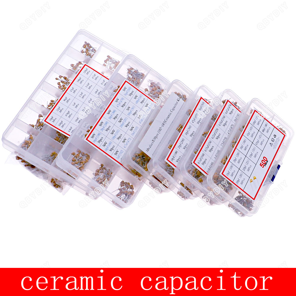 Kit de condensadores cerámicos multicapa 50V (100 ~ 106) 10pF ~ 10uF 102 103 104 105 22pF 47pF 68pF 1nF 10nF 100nF 0,1uF 1uF P = 5,08mm