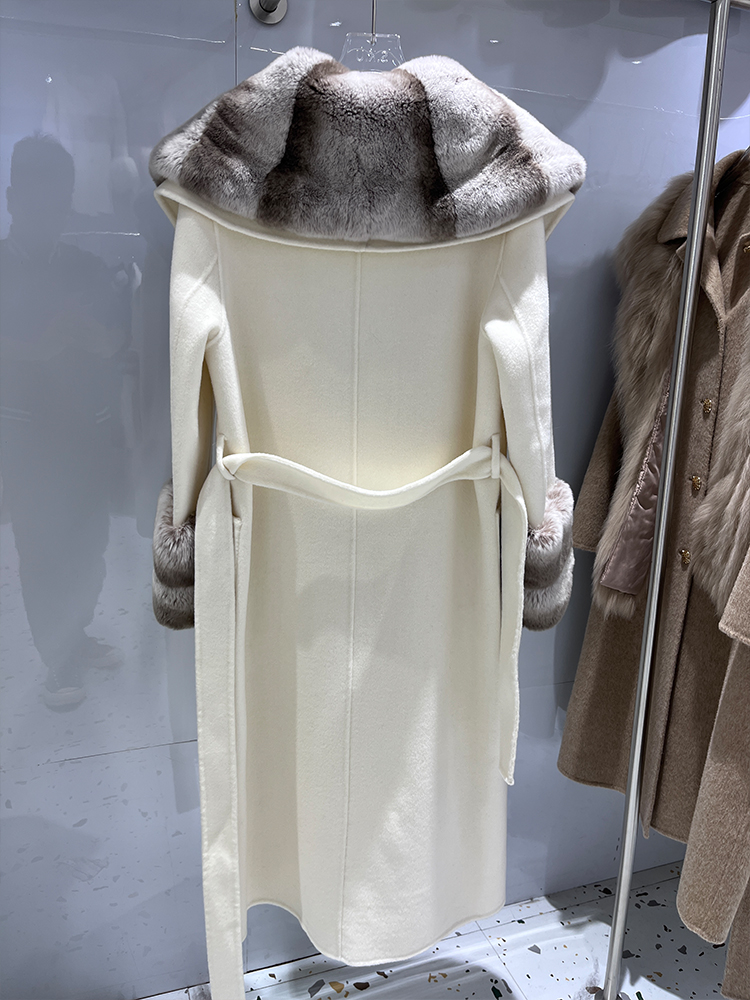 Winter Real Fur Jacket Women Long Cashmere Wool Woolen Coat Ladies Natural Rex Rabbit Fur Collar  Luxury Thick Female Outerwear