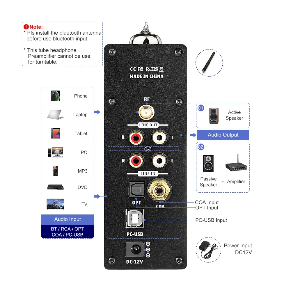 AIYIMA Audio T8 Tube Vacuum Premplifier Bluetooth Amplifier Headphone Amplifier HiFi Bluetooth Preamp Decoder DAC USB Optical