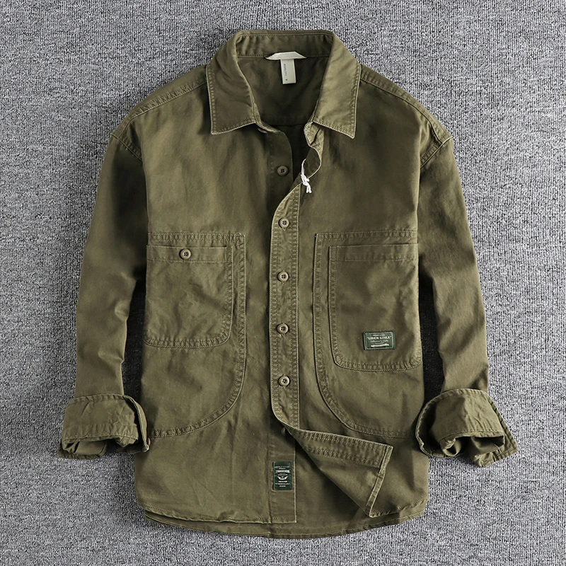 Classic Retro Work Shirt with Distressed and Heavy Washed Design, A Timeless Style for Everyday Wear