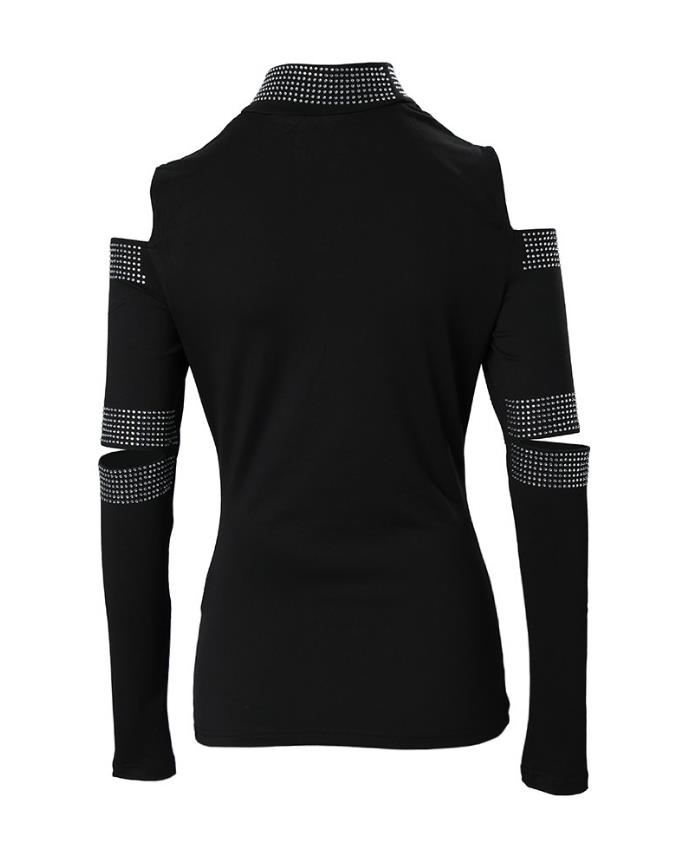 女性のためのトップ 2023 春コールドショルダーカットアウトラインストーン装飾トップ feminino ファッションデイリー長袖 Tシャツ新カジュアル Tシャツ