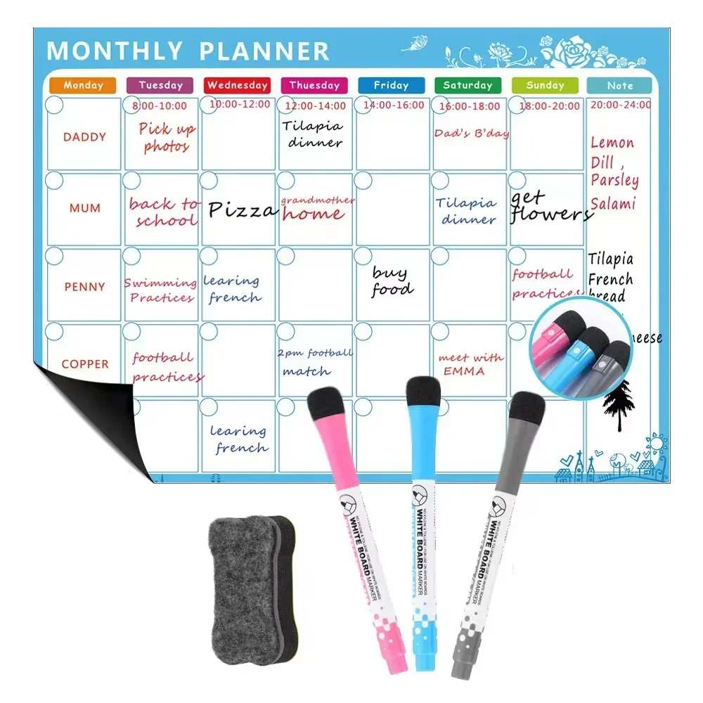 1 Set of Calendar Erasable Monthly and Weekly Schedule Magnetic Dry Erase Whiteboard Refrigerator Sticker Message Board