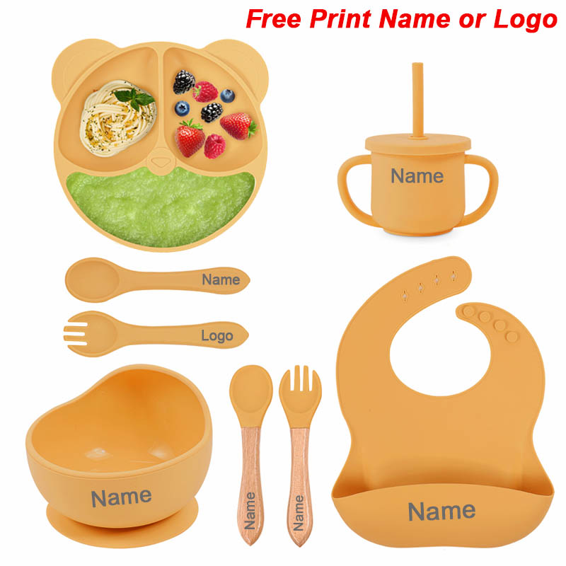 Juego de alimentación de silicona para bebé, cuenco con ventosa, platos, plato para niños, juego de platos de oso, vajilla para bebé, taza para niños con pajita, 8 Uds.