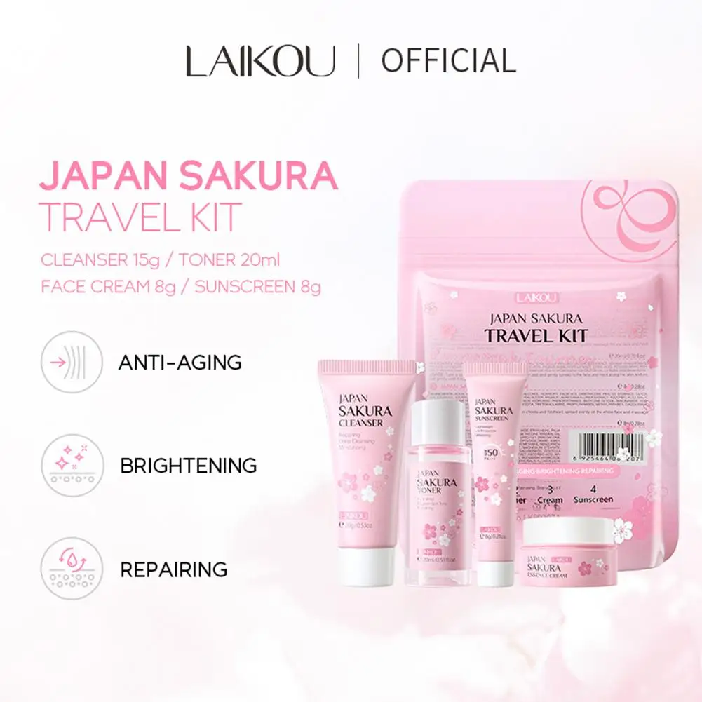 Set e kit per la cura della pelle Sakura con detergente, siero, crema per gli occhi, crema essenziale Prodotti di bellezza per le donne Set regalo Kit da viaggio in routine