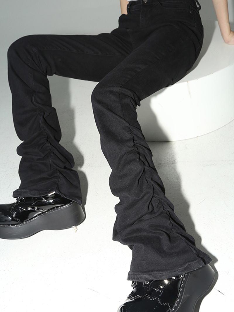 REDDACHiC 黒シャーリングフレアジーンズ女性ソリッドストレッチブーツカット積み重ねパンツ高層ズボン原宿ゴスグランジ Y2k 服