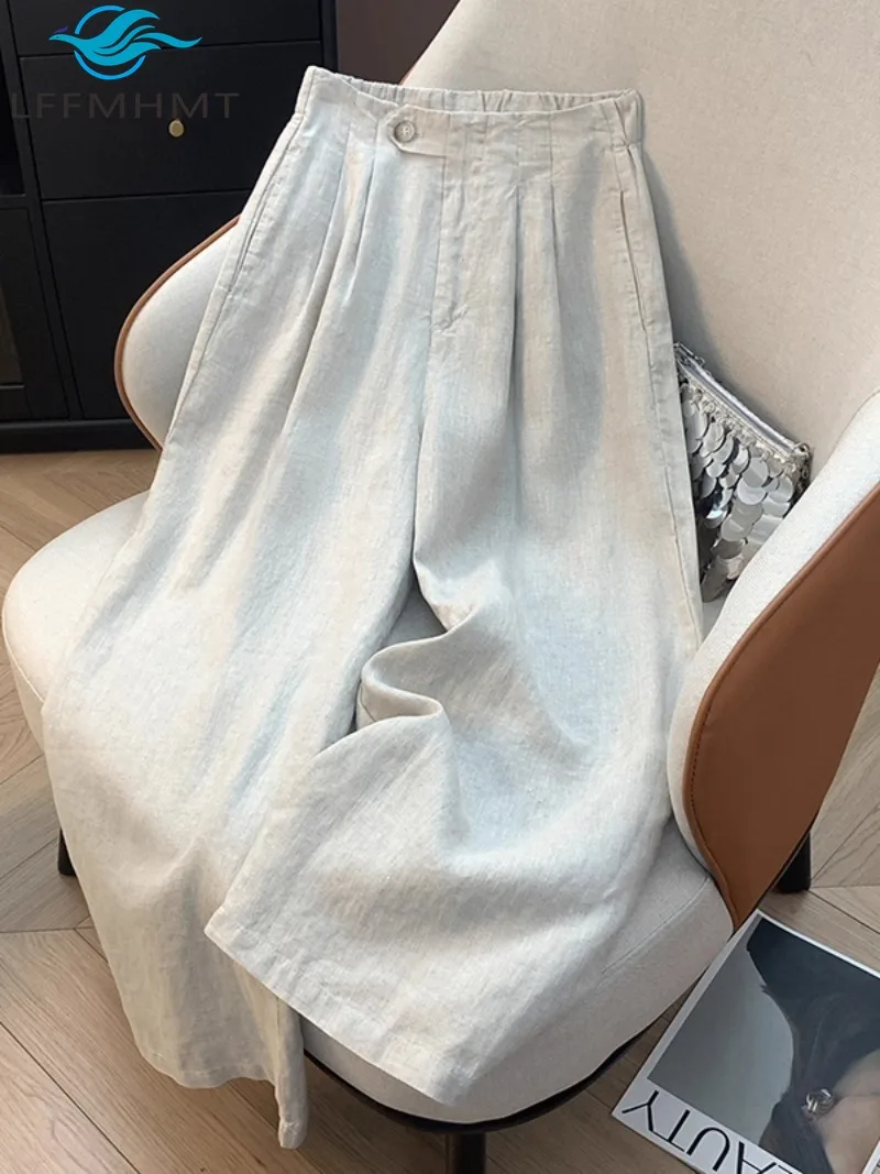 Celana Linen Panjang Pergelangan Kaki Kualitas Baik untuk Wanita Celana Jalanan Hip Hop Kaki Lebar Ritsleting Warna Solid Fashion Musim Semi Musim Panas