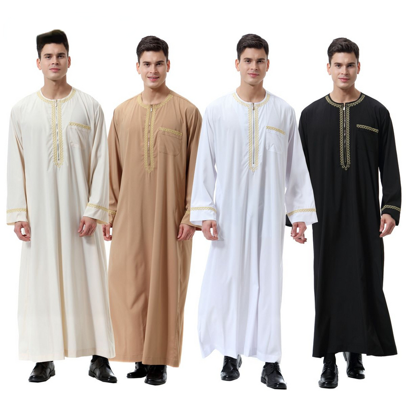イスラム教徒イスラム服男性 Jubba トーブプリントジッパー着物ロングローブサウジ Musulman 着用アバヤカフタンイスラムドバイアラブドレッシング