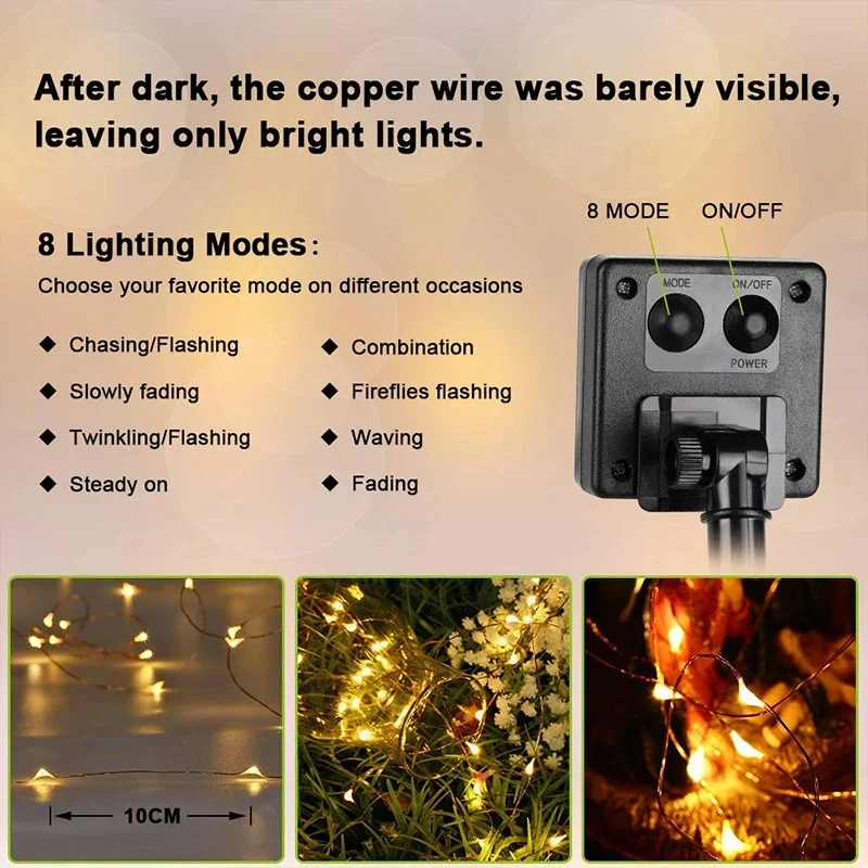 300LED พลังงานแสงอาทิตย์ String ไฟกันน้ํากลางแจ้งทองแดงลวดไฟ Fairy 8 โหมดเหมาะสําหรับงานแต่งงานตกแต่งคริสต์มาส
