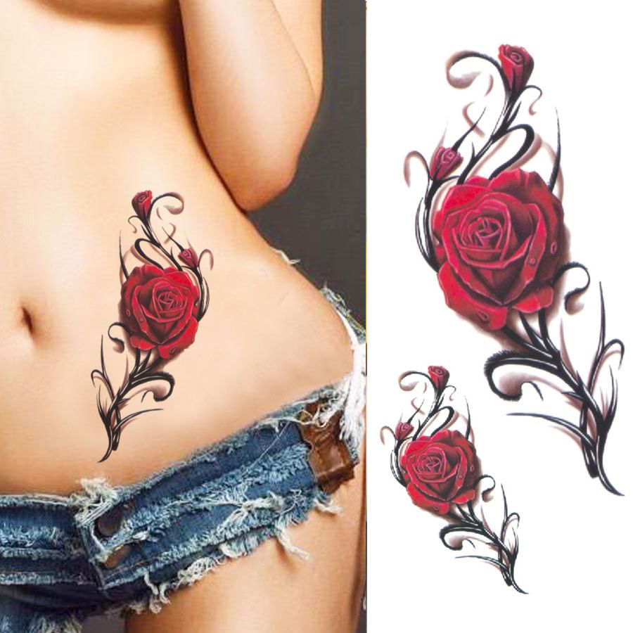 Tatuaje falso de flor rosa Sexy para mujer, tatuaje Floral para brazo y Abdomen, tatuaje temporal artístico resistente al agua, pegatina de tatuaje duradera