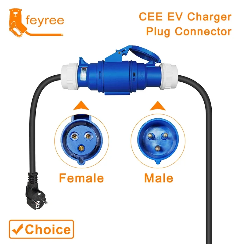 Feyree-cargador EV CEE hembra, adaptador de enchufe Schuko de 3 pines, conexión impermeable, enchufe de montaje en pared, cargador portátil de 32A y 7KW
