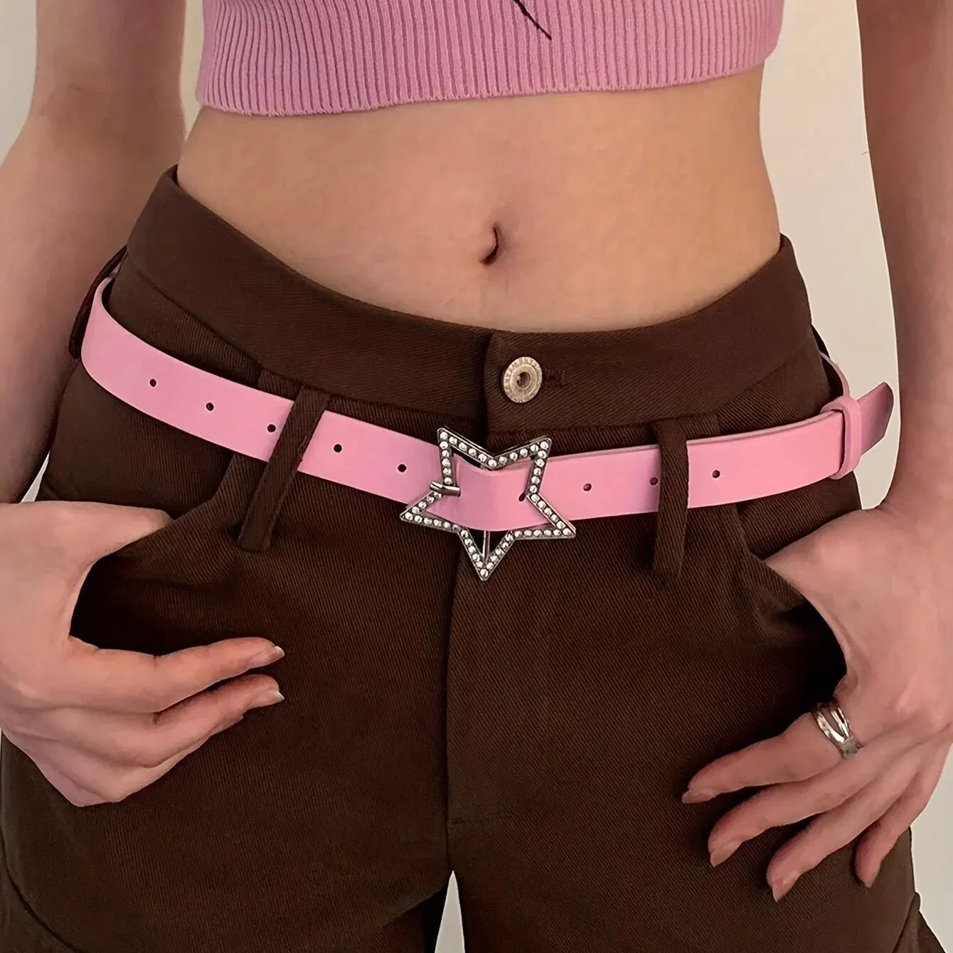 Y2K ベルト女性のためのスパイスガールズピンク、黒、白ベルトデニムスター Pu レザーラインストーンベルトインスウィートクールコルセットジーンズベルト
