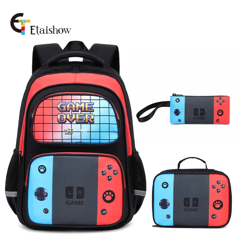 Patrón de consola de juegos de regreso a la escuela, mochilas escolares DIY para estudiantes de primaria y secundaria, bolsa de almuerzo, bolsos de hombro, tres juegos