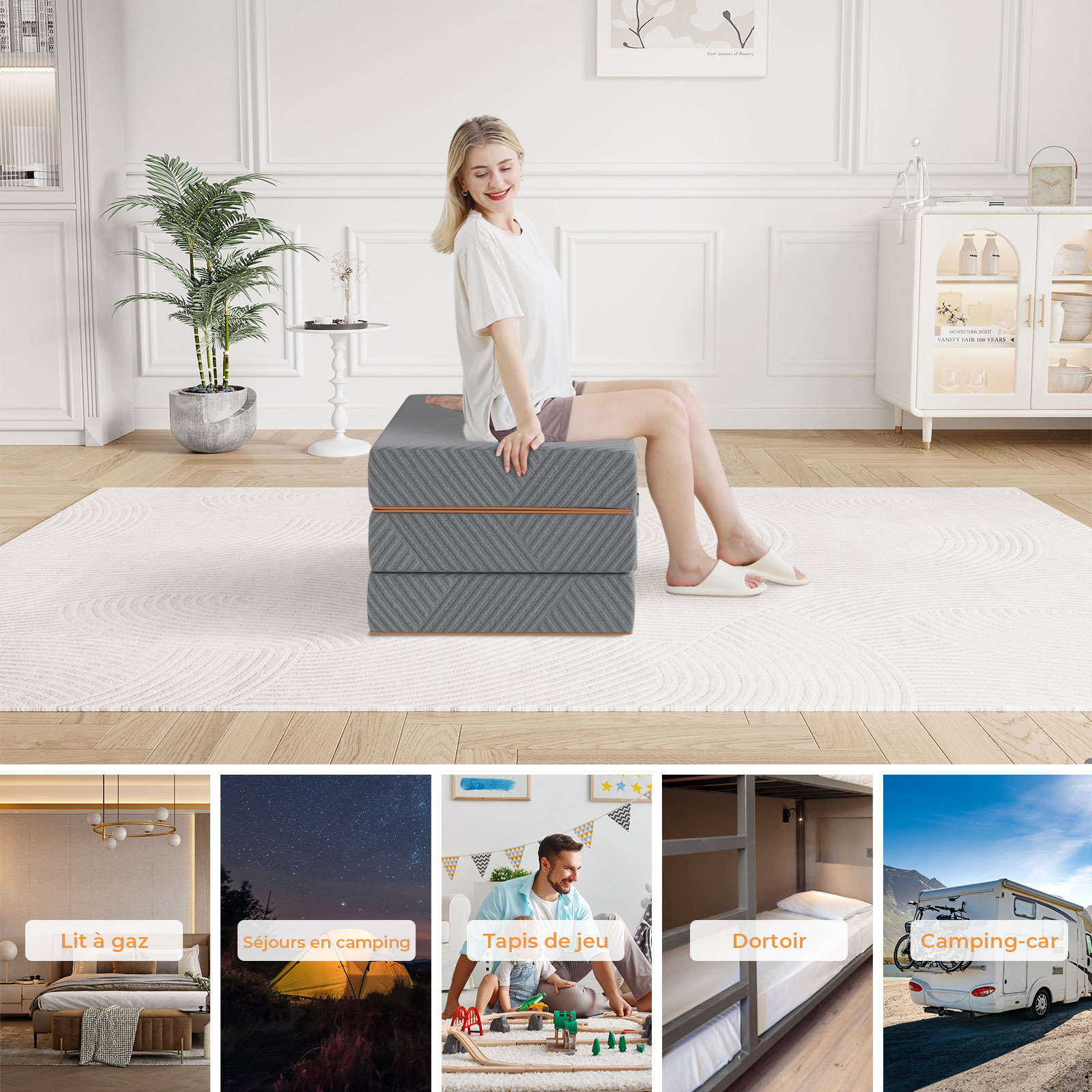 Colchón plegable Vesgantti, colchón plegable de espuma viscoelástica de gel de 15 y 8 CM triple para viajes, camping, cama para invitados