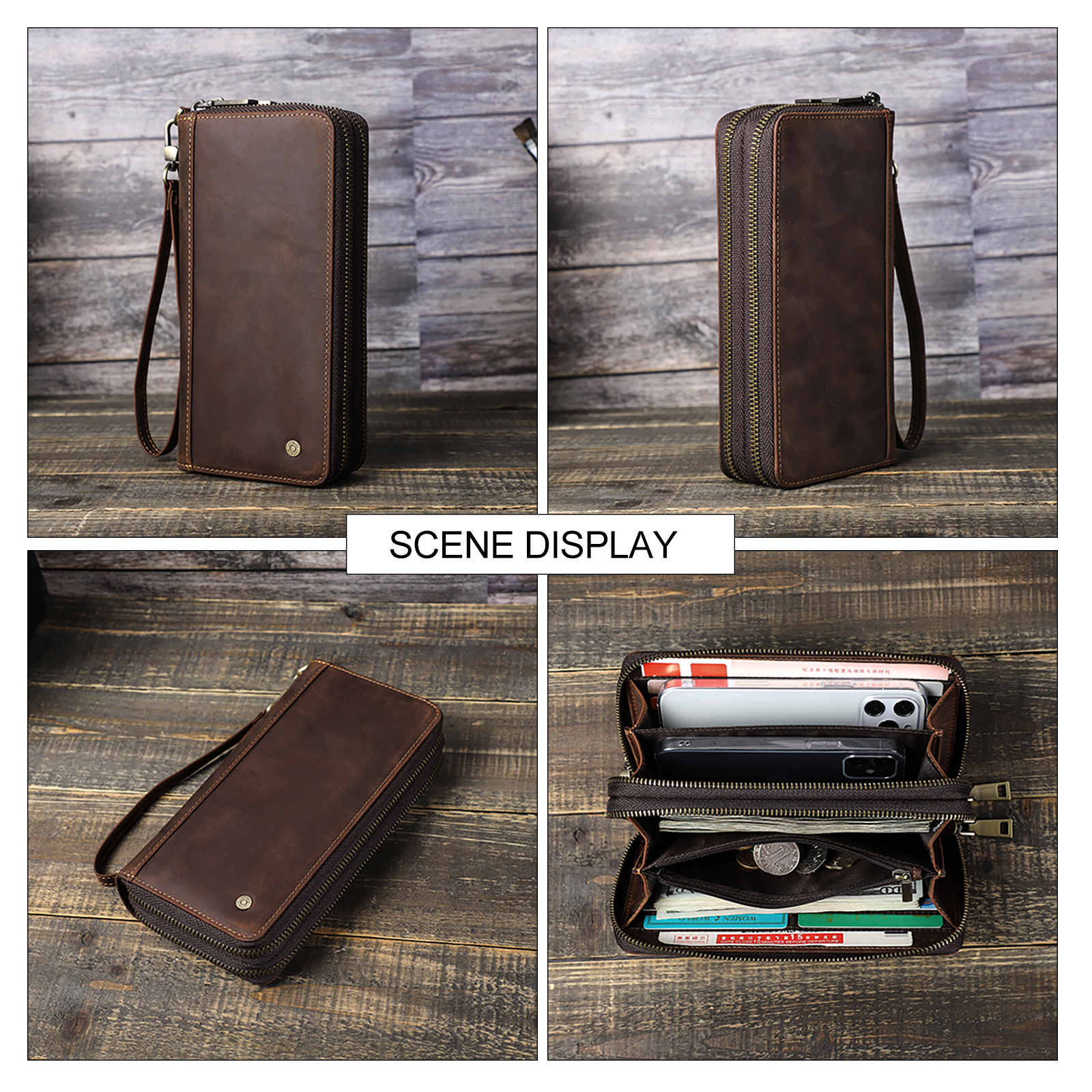 Cartera de cuero genuino para hombre de Contact, bolso de mano, tarjetero, carteras largas, doble cremallera, monederos Vintage de gran capacidad para hombre
