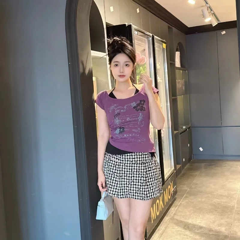 サブカルチャー女性服 Y2K パンク Tシャツアメリカンヴィンテージ甘いセクシーなショート女性服グリーン夏カジュアル人気トップス
