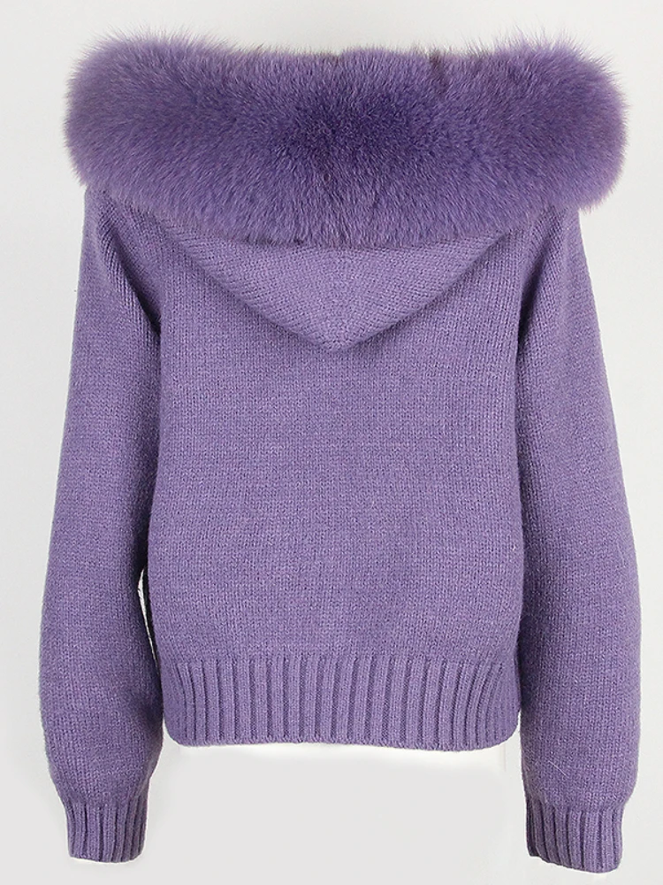 Oftbuy 2023 nova moda outono inverno casual com capuz gola de pele de raposa real jaqueta curta de malha com casaco quente natural para mulher