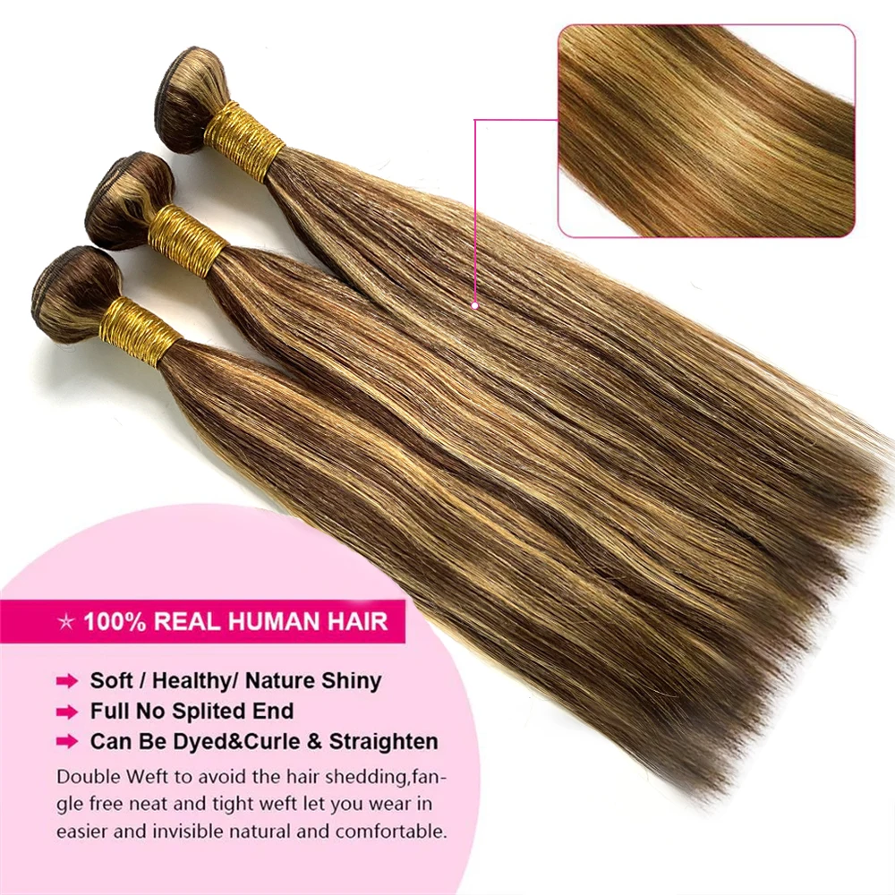 12A Highlight Bundlesตรงผมมนุษย์P4/27 สีOmbreน้ําผึ้งสีบลอนด์บราซิลต่อผมผมสาน