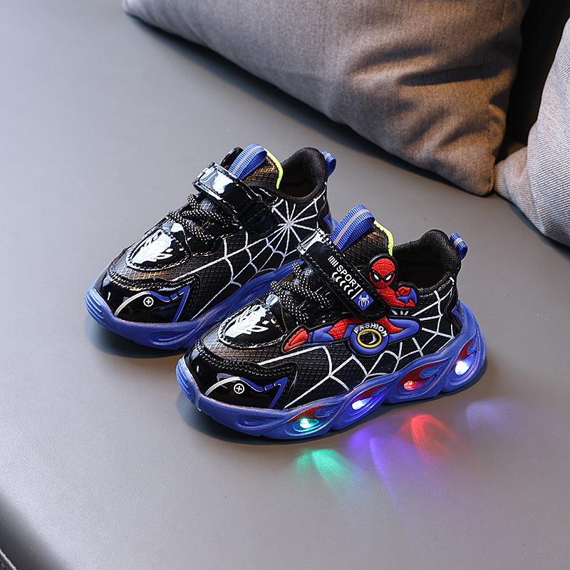 디즈니 소년 신발 LED 조명 만화 가을 어린이 스포츠 신발 가죽 미끄럼 방지 어린이 운동화 운동화 크기 25-35