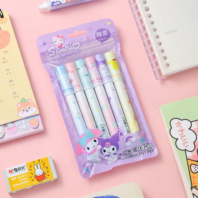 6 ชิ้น Sanrio Highlighter ชุดปากกา Kawaii Hello Kitty Kuromi Melody Cinnamoroll Art เรืองแสงเครื่องหมายปากกาโรงเรียน Office Statione