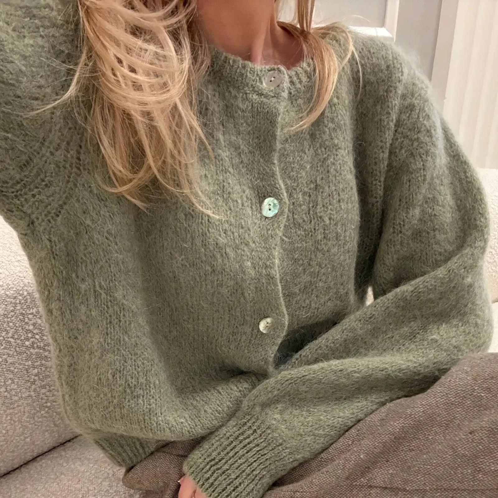 Frauen Herbst y2k Vintage Rundhals Strickjacke Grundlegende Einreiher Lange Ärmel Einfarbig Button Up Pullover Crop Tops