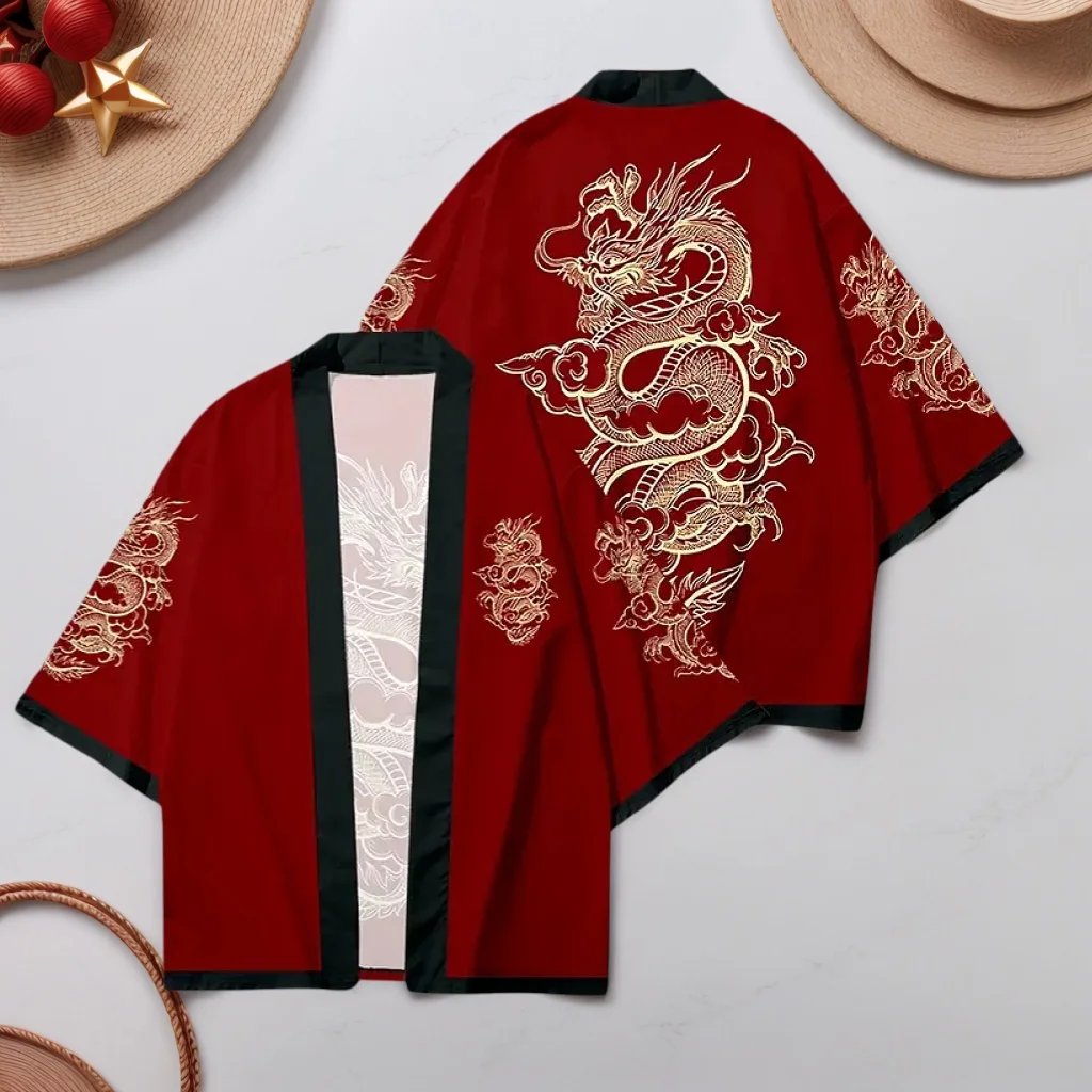 Kimono japonés con estampado gráfico de dragón, Cosplay Haori Yukata, Top para adultos, cárdigan tipo kimono suelto samurái tradicional para hombres y mujeres