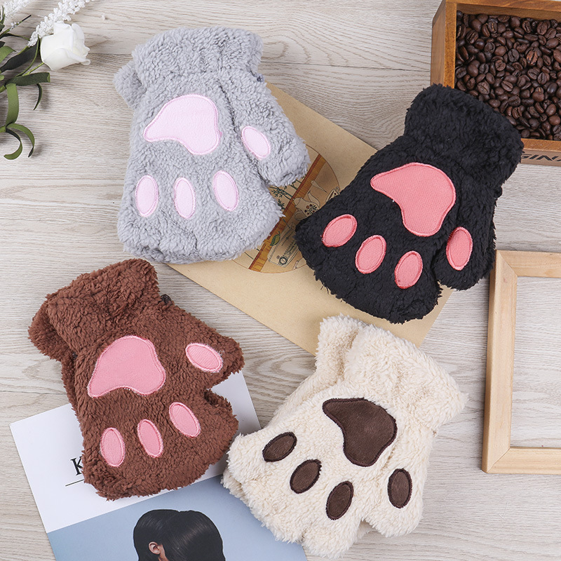 การ์ตูนฤดูหนาวถุงมือผู้หญิงตุ๊กตาหมี Cat PAW Claw ถุงมือน่ารักสั้น Fingerless Fluffy Bear Claw Mittens สําหรับสาวของขวัญ PARTY