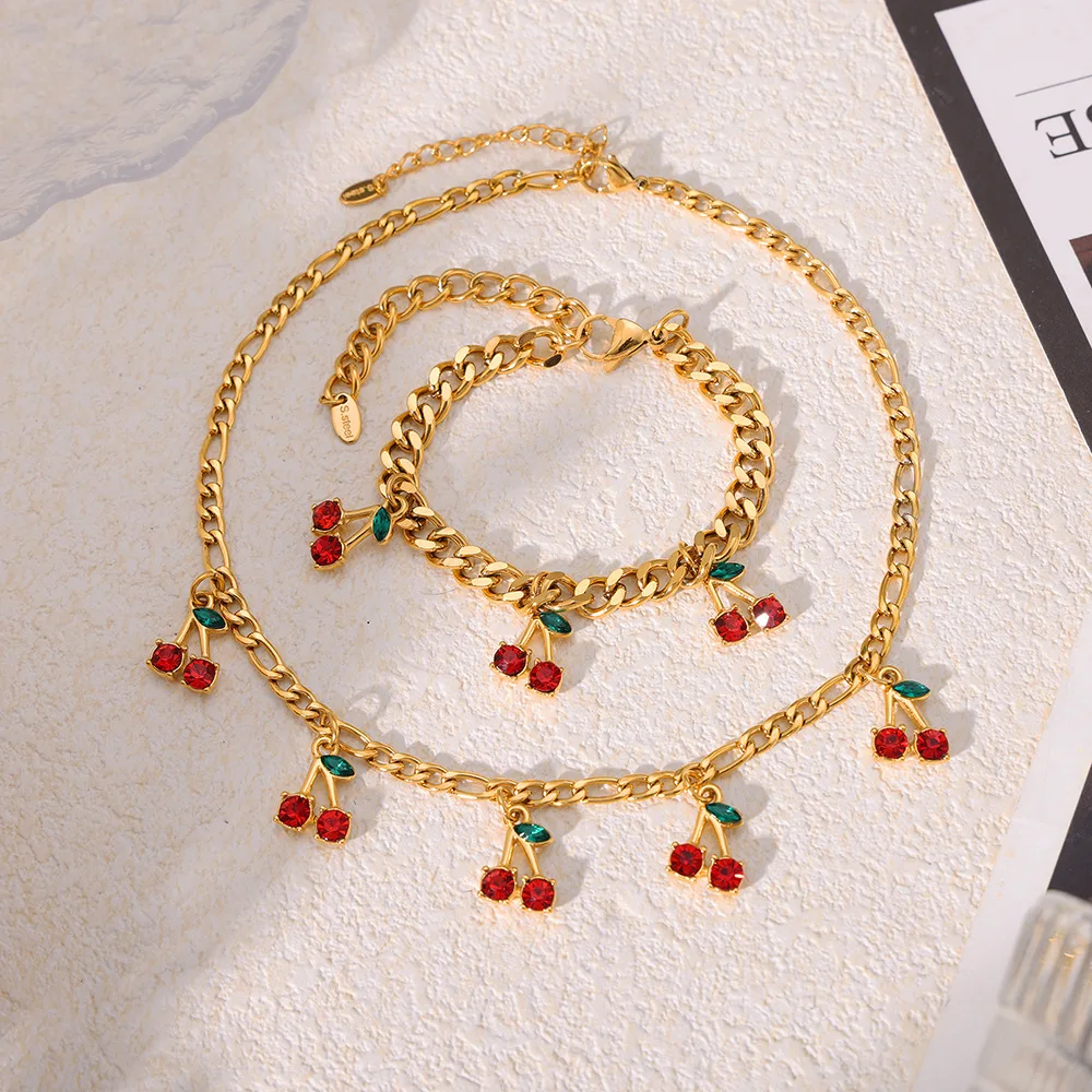 Colar e pulseira de joias cereja de aço inoxidável 2025 para mulheres gargantilhas da moda feitas à mão com strass de vidro