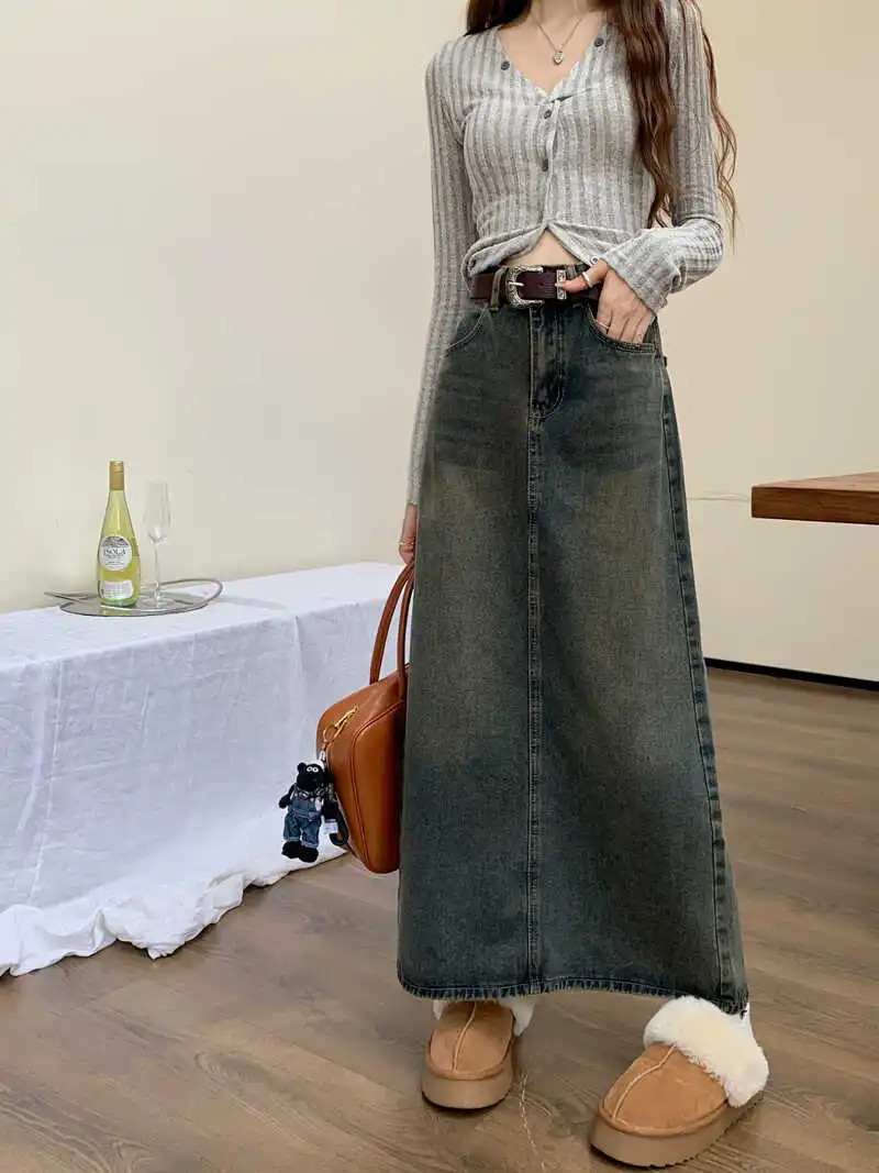 Falda De Mezclilla De Cintura Alta Estilo A-line Para Mujer Primavera Otoño Grande Vintage Suelta Favorecedora Falda De Moda ...