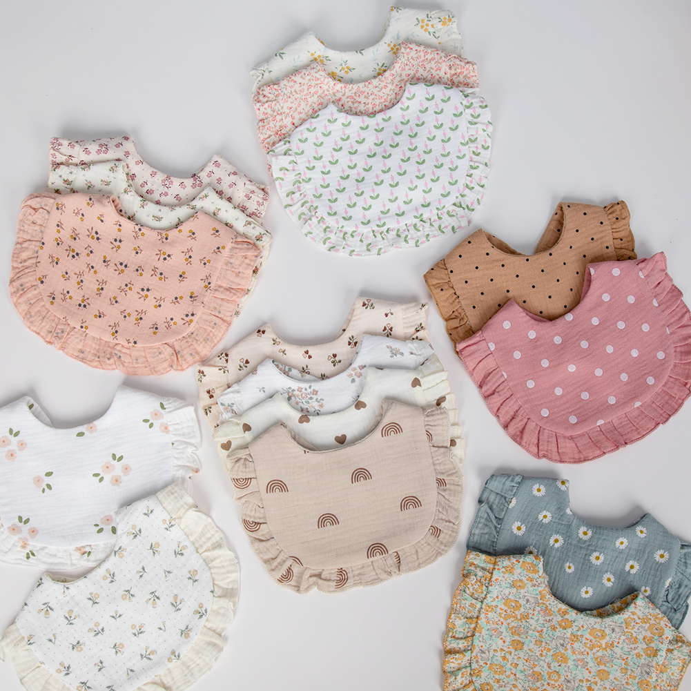 Babadores para bebês com estampa de flores, toalha de saliva com pressão ajustável, borda com babados, musselina, algodão, panos para arrotar, arco-íris, grau a, cachecol de alimentação para meninas