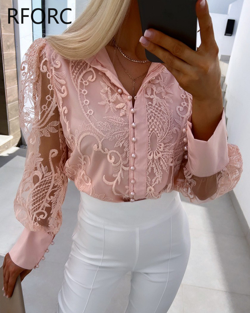 2024 Frauen lange Ärmel Perlen Knopf Spitze Blume hohl umdrehen Hals Bluse Hemd Top