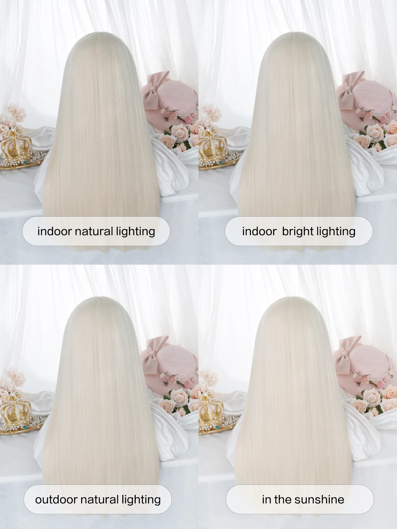 Peluca de cabello sintético con flequillo para mujer, pelo largo y liso Natural, corte Hime, Cosplay, resistente al calor, color rubio claro, dorado, 26 pulgadas