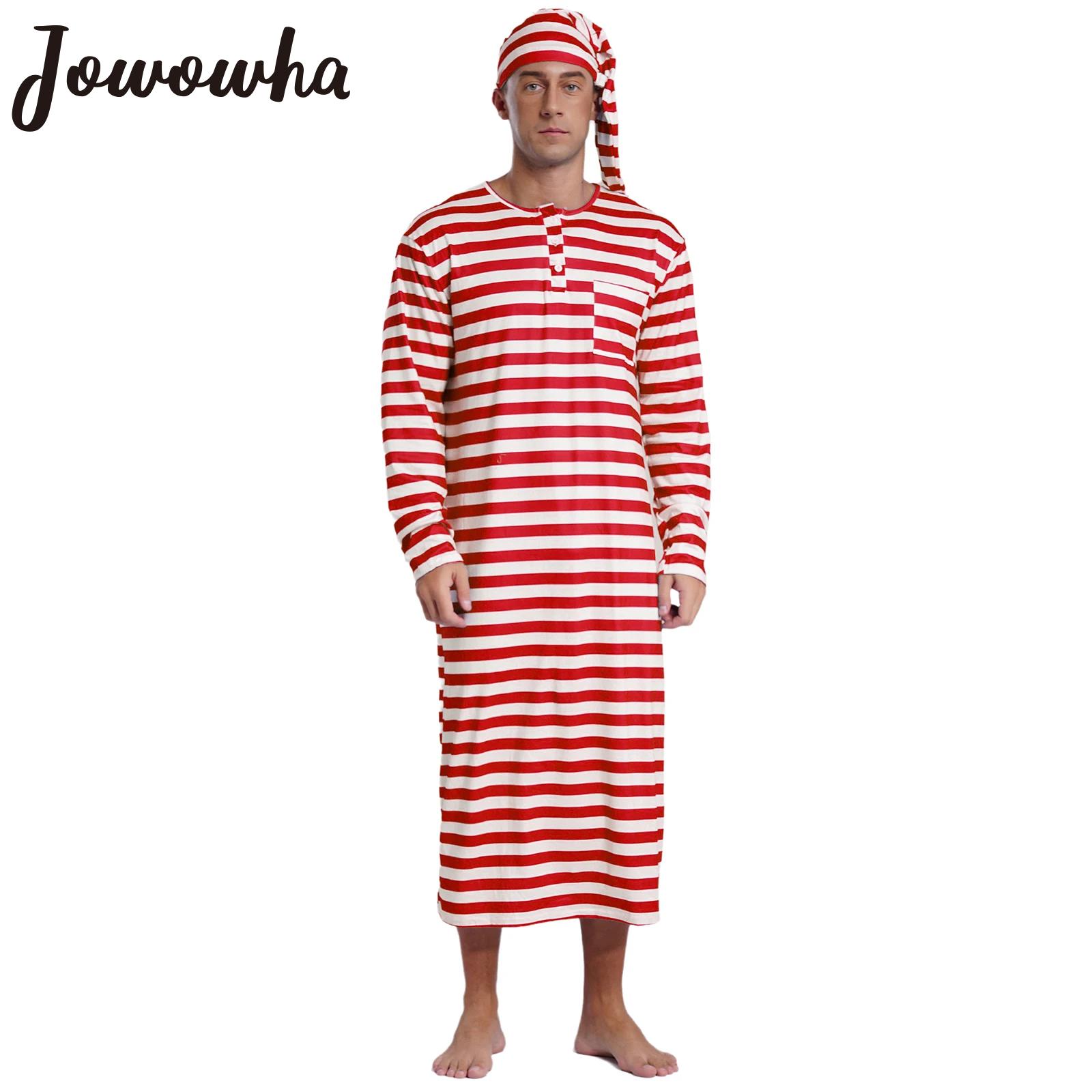 Bata de dormir a rayas de Navidad para hombre con conjunto de sombrero, batas largas holgadas de manga larga, pijamas Sissy, ropa de dormir para hombre, ropa de dormir