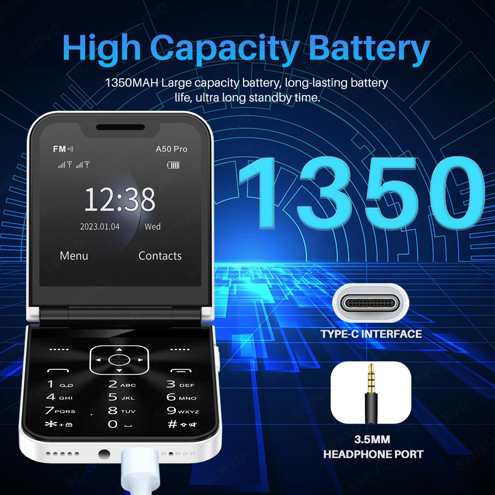 โทรศัพท์มือถือพับได้ SERVO A50 PRO รองรับสองซิม บันทึกเสียงสนทนา โทรด่วน รายการดำ วิทยุ FM 2G GSM โทรศัพท์แบบกดปุ่ม