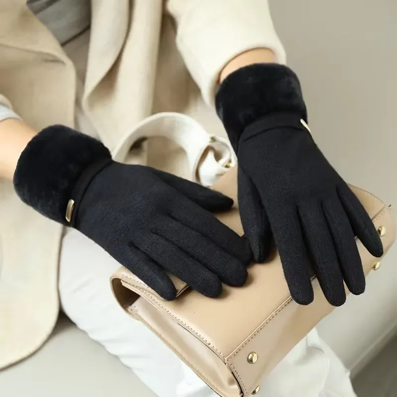 ผู้หญิงฤดูหนาว Keep Warm Plus กํามะหยี่หน้าจอสัมผัส Thicken Plush ถุงมือหนังนิ่มแฟชั่นบุคลิกภาพ Elegant Drive ขี่จักรยาน