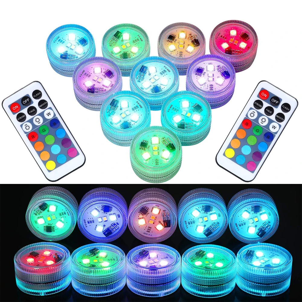 Mini luces LED sumergibles con control remoto, velas pequeñas impermeables multicolores para jarrón, ducha, piscina, decoraciones de Halloween