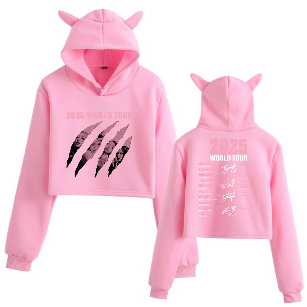 2025 Black World Tour Merch Cat Ears 2-seitiger Langarm-Crop-Tops für Mädchen, modischer Kapuzenpullover