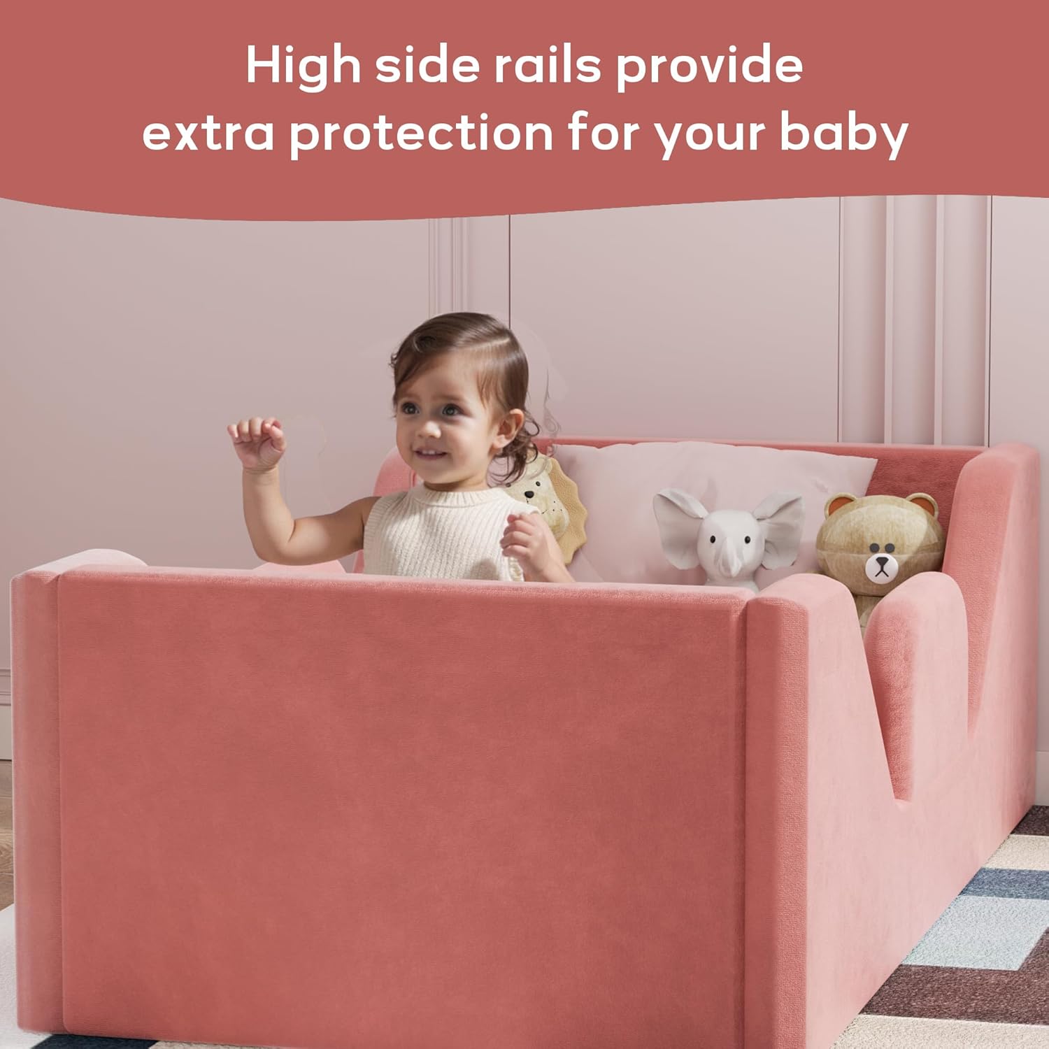 Toddler Floor Bed Frame with Guard Rails, Small Bed for Kids Boys and Girls Aged 2-6 Years, Certified Fabric Toddler Beds,Pink