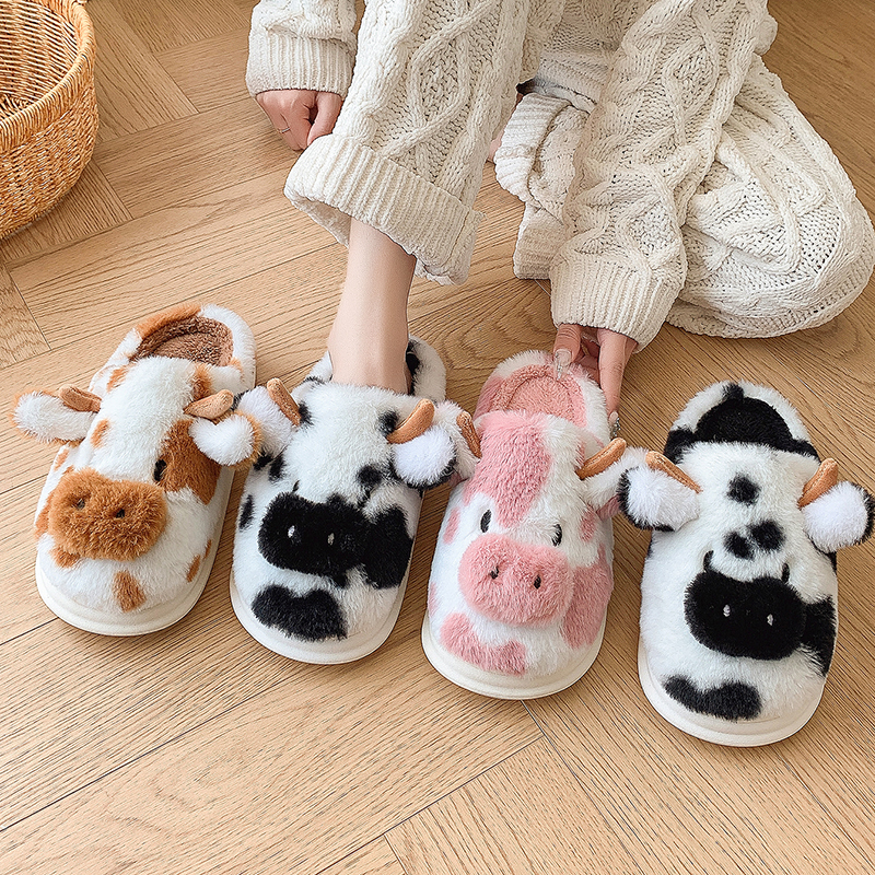Casual Fluffy Slippers Vrouwen Huis Leuke Cartoon Koe Designer Schoenen Meisje Platte Mode Elegante Pluche Winter Platform Schoeisel Thuis