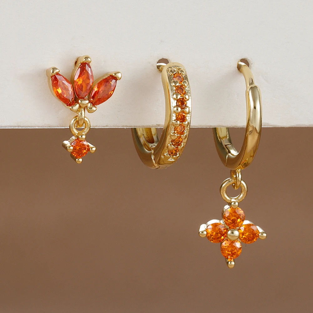 Juego de pendientes colgantes de circonita azul y naranja para mujer, aretes colgantes de flores de acero inoxidable, joyería Piercing, 3 uds.