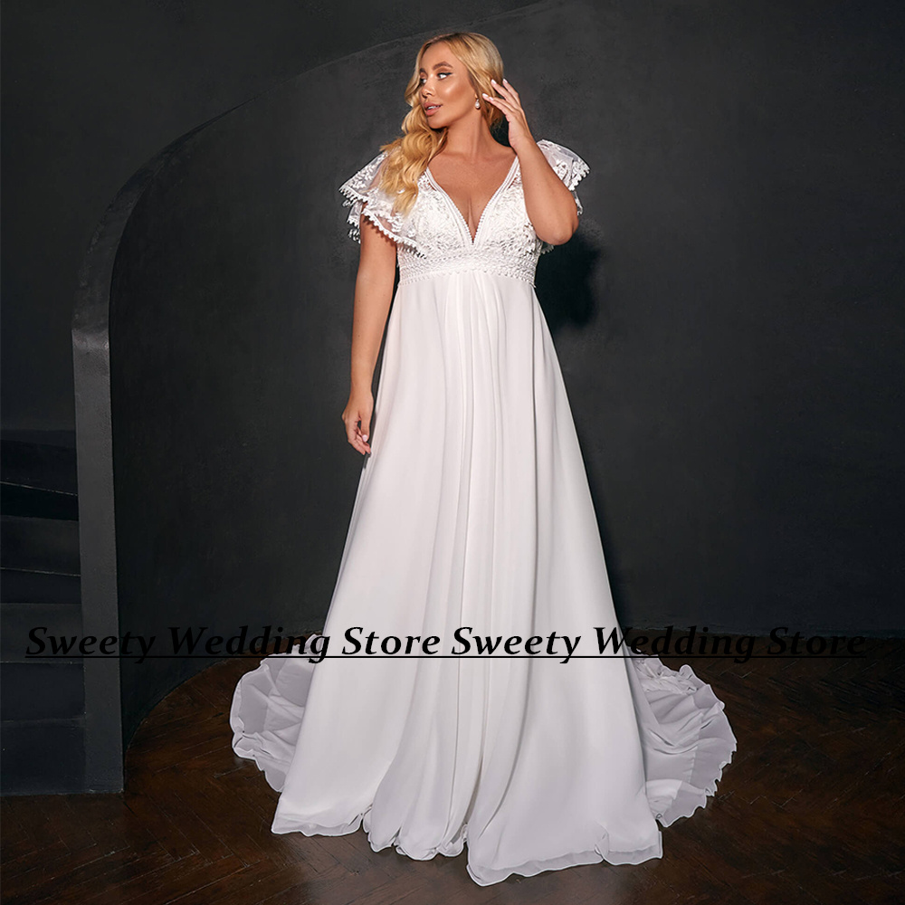 Mulheres plus size vestido de casamento personalizado decote em v apliques uma linha chiffon tribunal trem praia vestido de noiva para noiva grávida
