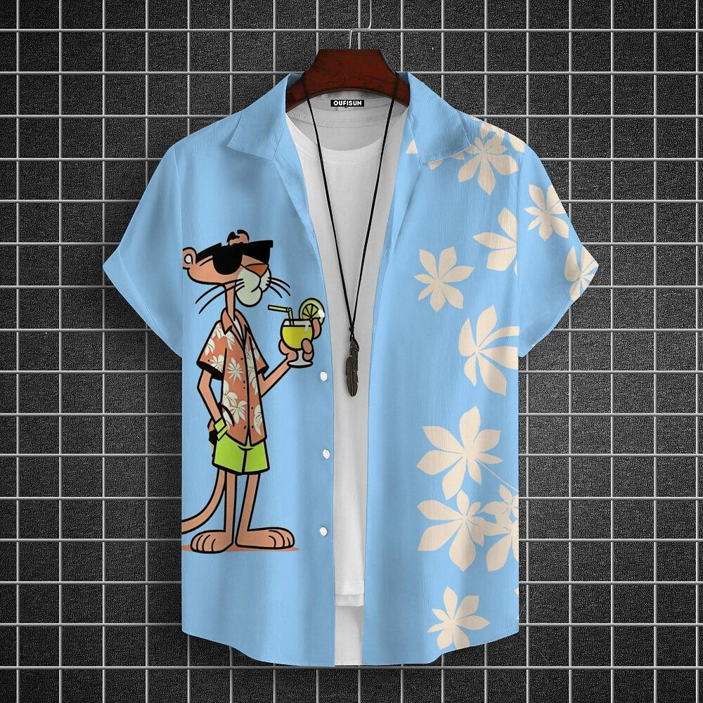 Cartoon Leopard Grafik Männer Kurzarm Revers Hemd Tops Unisex Rosa Button-Down Hawaiian Shirts Sommer Täglich Weibliche Blusen