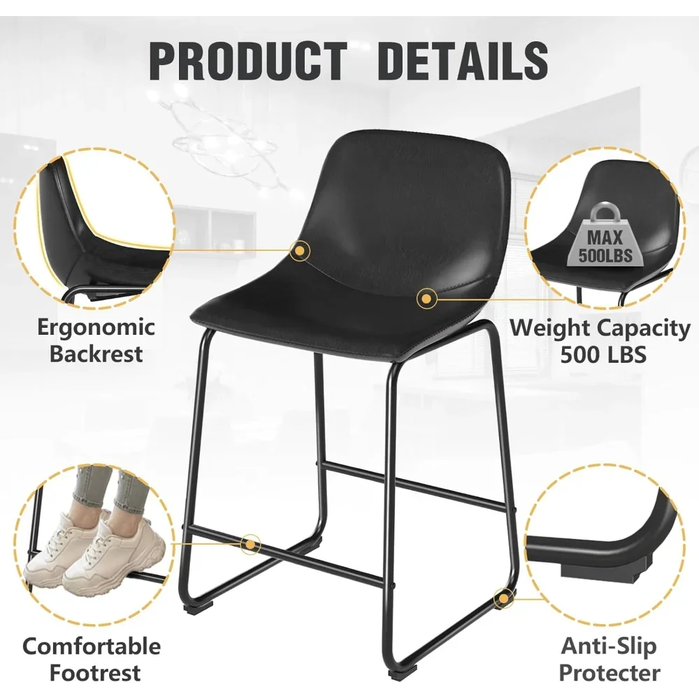 Counter Height Bar Chairs Set of 3, Black Modern Counter Stools with Back & Metal Legs, Armless Dining Chairs for Kitchen Island