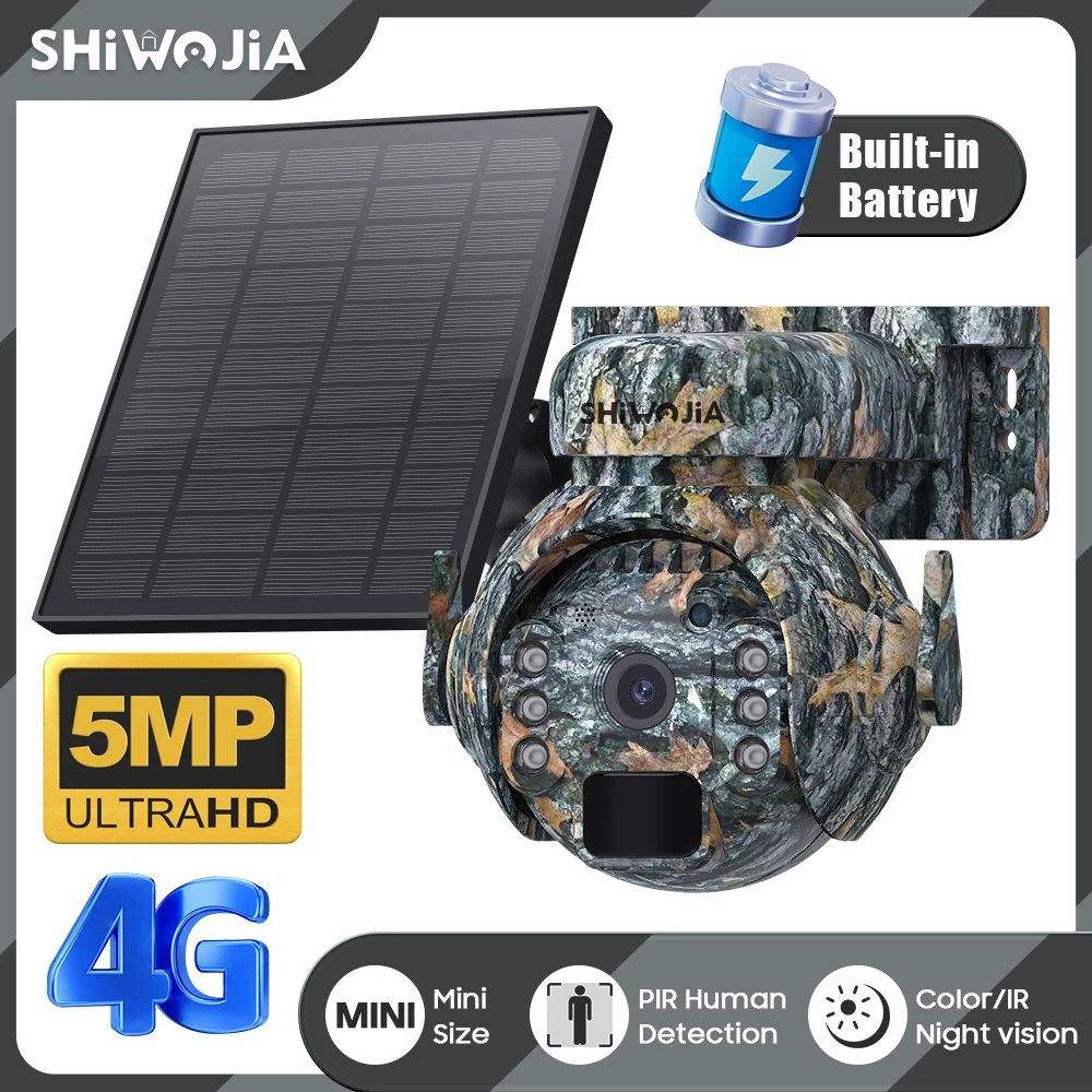 SHIWOJIA 5MP 4G Cámaras solares 4G Sim/WIFI Inalámbrico Al aire libre 360 °   Ver monitoreo animal Cámara PTZ con batería solar en color camuflaje