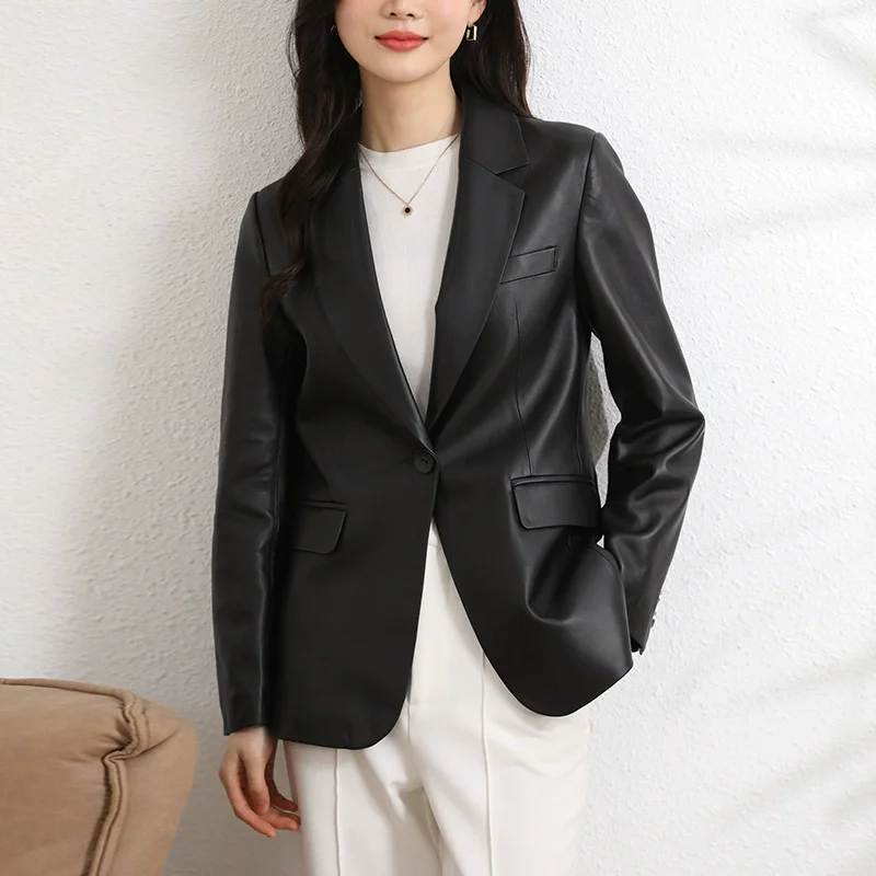 100% cuir véritable Slim Fit Blazer vestes femmes Chic noir simple bouton bureau femme revers véritable peau de mouton costume veste M-4XL