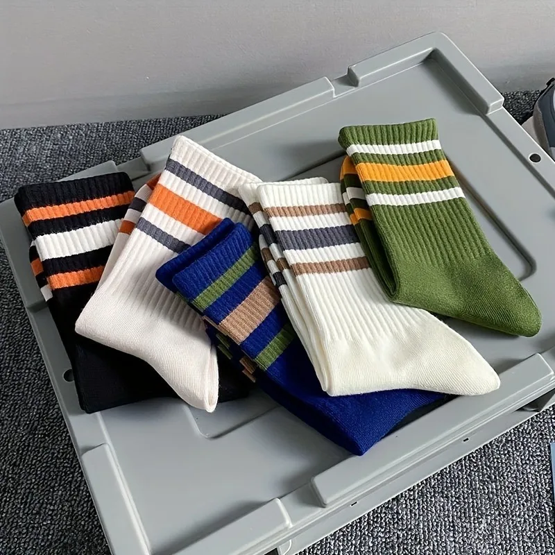 5 pares de calcetines casuales de rayas coloridas para hombre, calcetines deportivos de moda, absorbentes del sudor y transpirables, adecuados para todas las estaciones