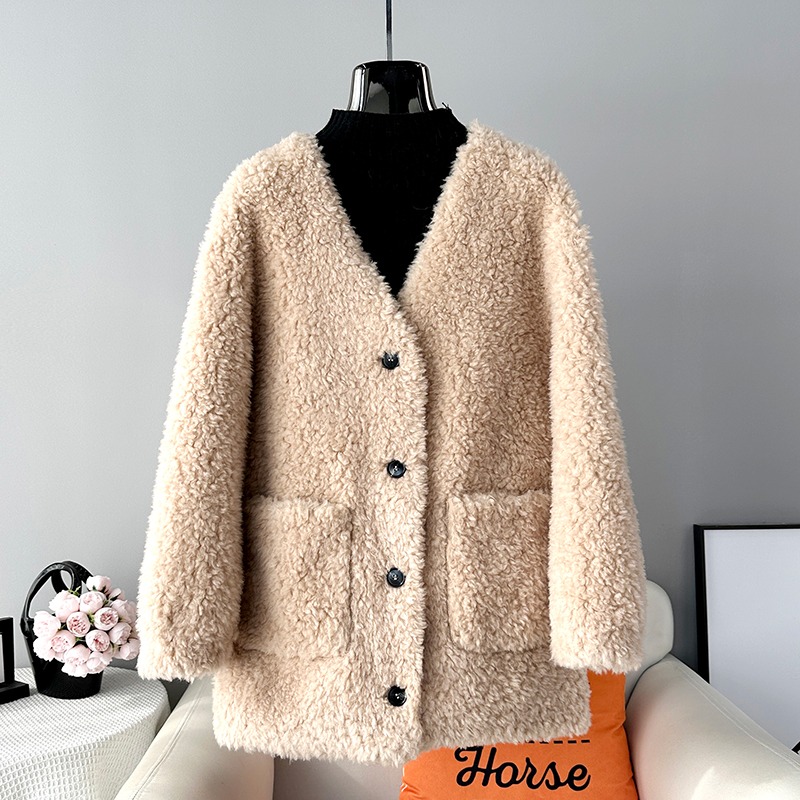 2024 lã de cordeiro pele feminina jaqueta de comprimento médio feminino ovelha shearling casaco com decote em v silhueta cardigan parka jt413