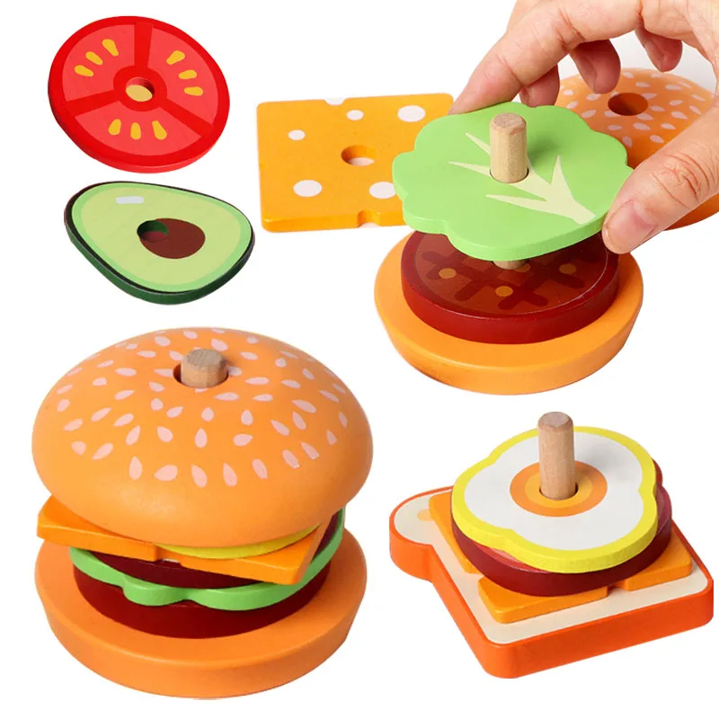 Wooden Burger Sandwich Stacking Toys Montessori Educational Toy Pretend Play Food Puzzle Toys For Kids Develop Fine Motor Skill
